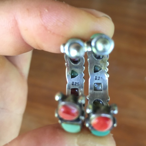 Native American turquoise, red coral, silver hoops - Picture 5 of 7